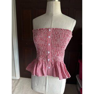 House of Thread red and white strapless elastic peplum top button detail M
